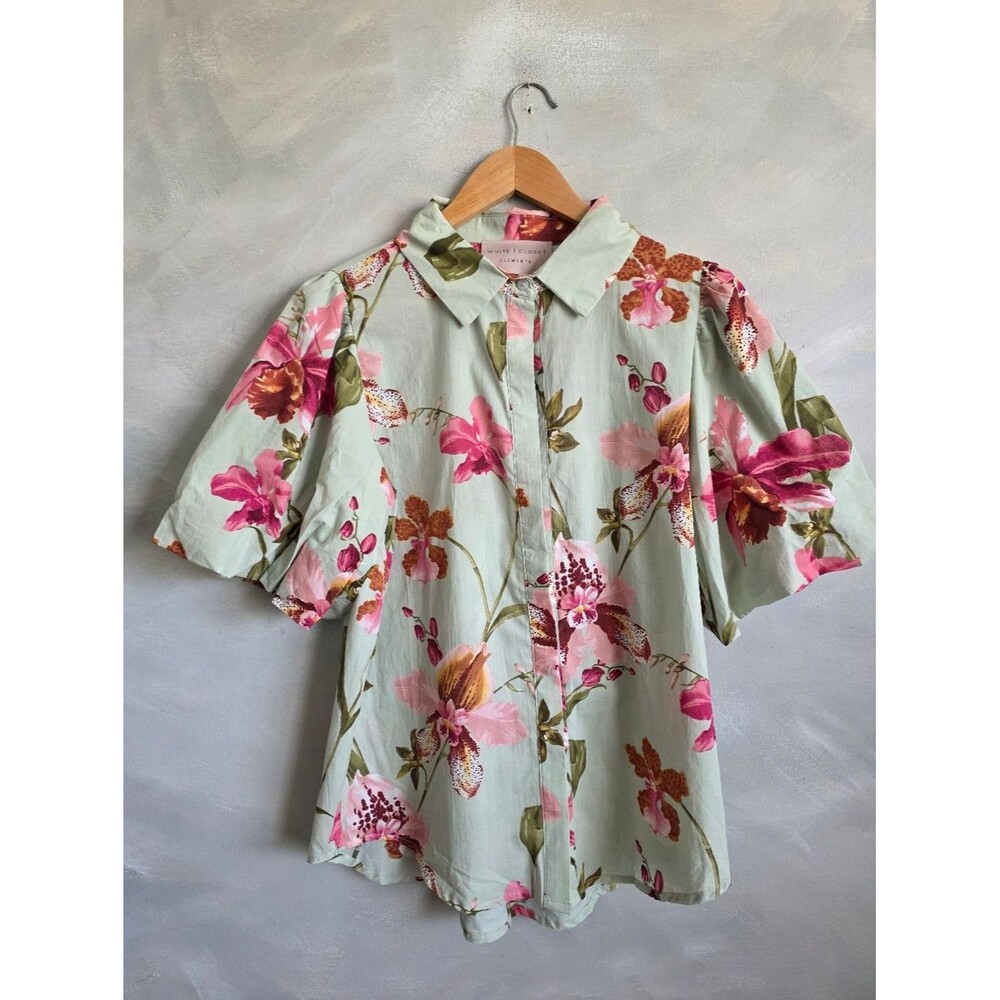Pistachio Green Floral Tropical Print Puff Shirt Sleeve Button Down Blouse Top L